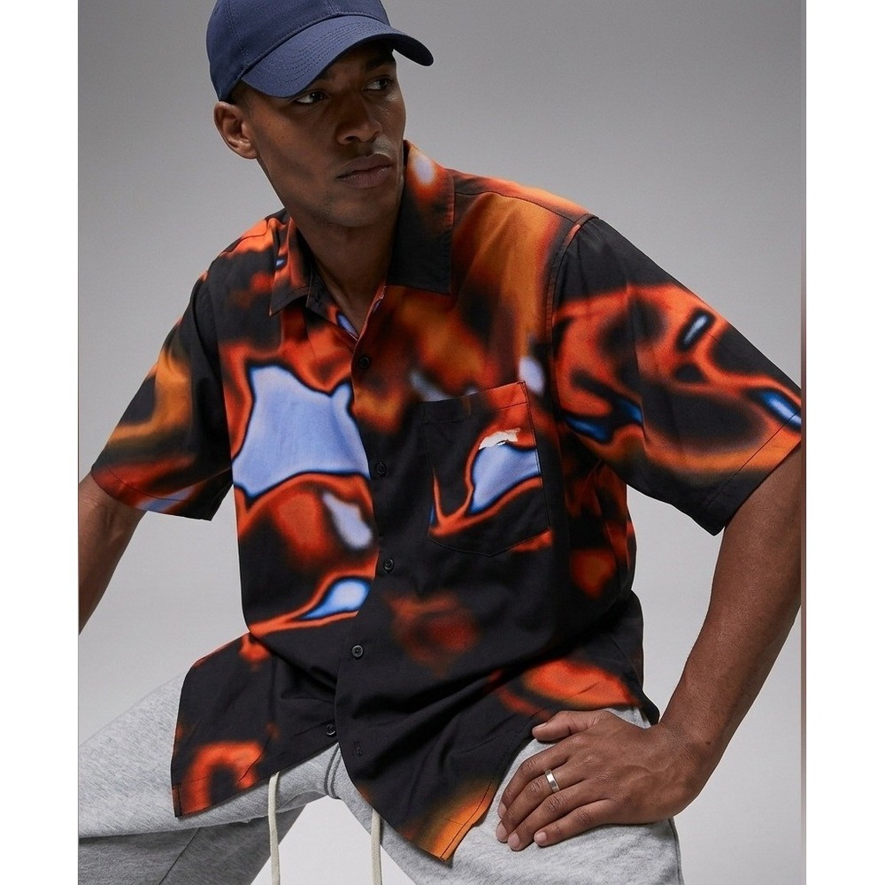 NWT Zara x Rhuigi RHU Heat Map Flame Print Short Sleeve Shirt Mens Medium Black